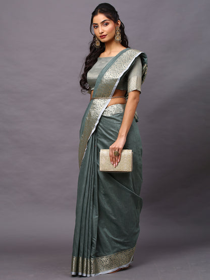 Women's Linen Blend Sea Green Woven Design Designer Saree With Blouse Piece
