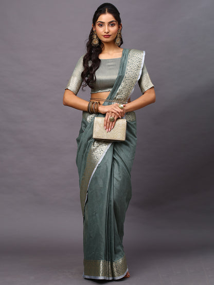 Women's Linen Blend Sea Green Woven Design Designer Saree With Blouse Piece