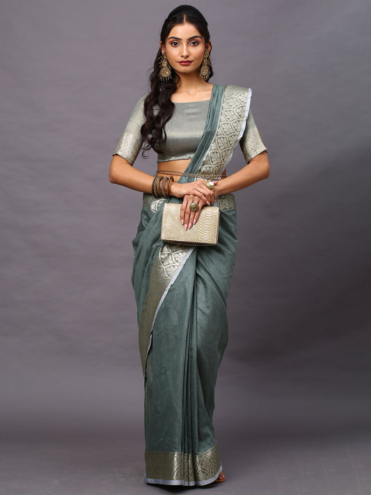Women's Linen Blend Sea Green Woven Design Designer Saree With Blouse Piece