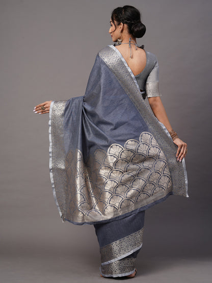Women's Linen Blend Blue Woven Design Celebrity Saree With Blouse Piece