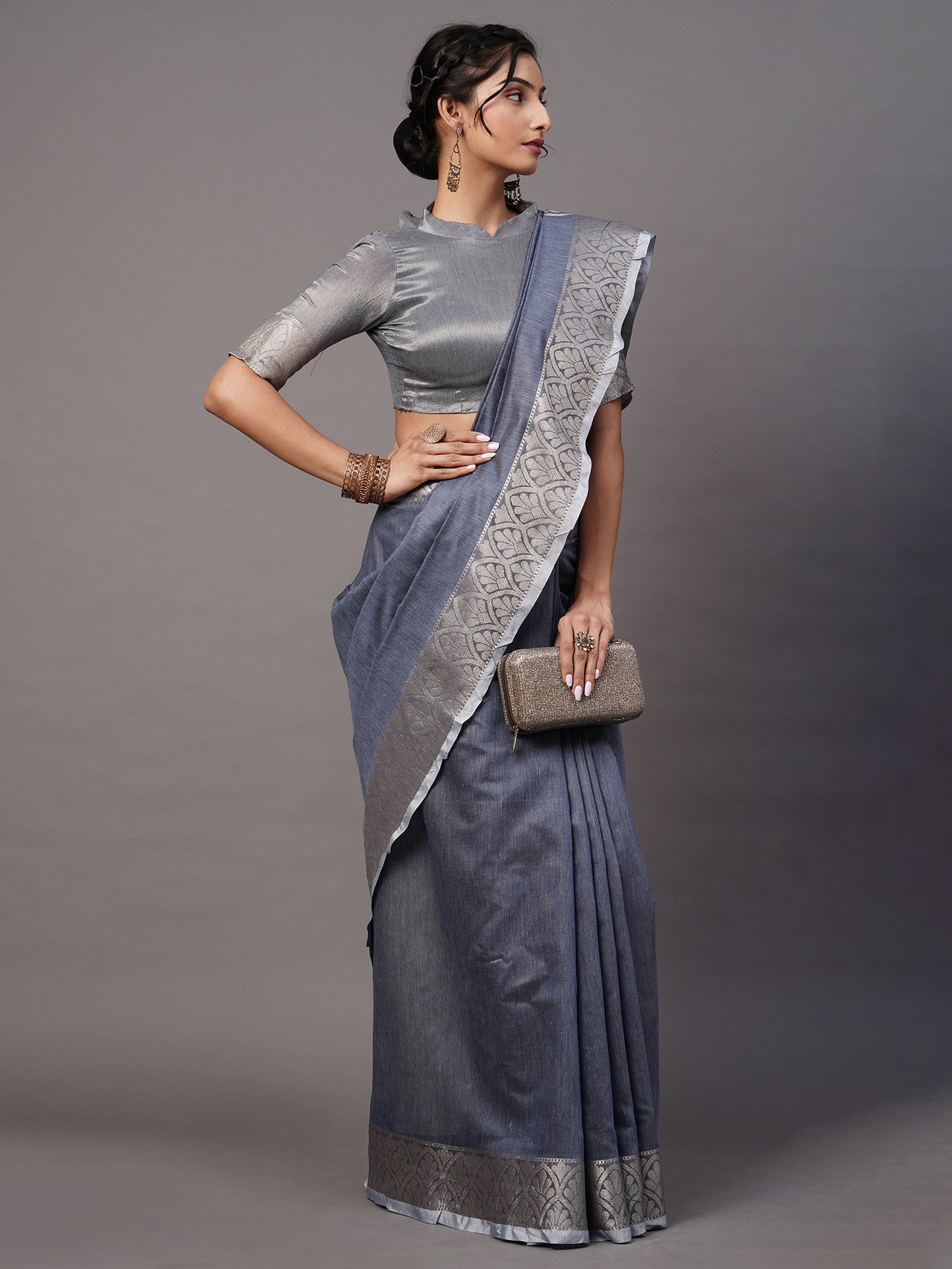 Women's Linen Blend Blue Woven Design Celebrity Saree With Blouse Piece