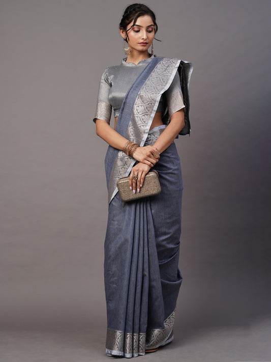 Women's Linen Blend Blue Woven Design Celebrity Saree With Blouse Piece