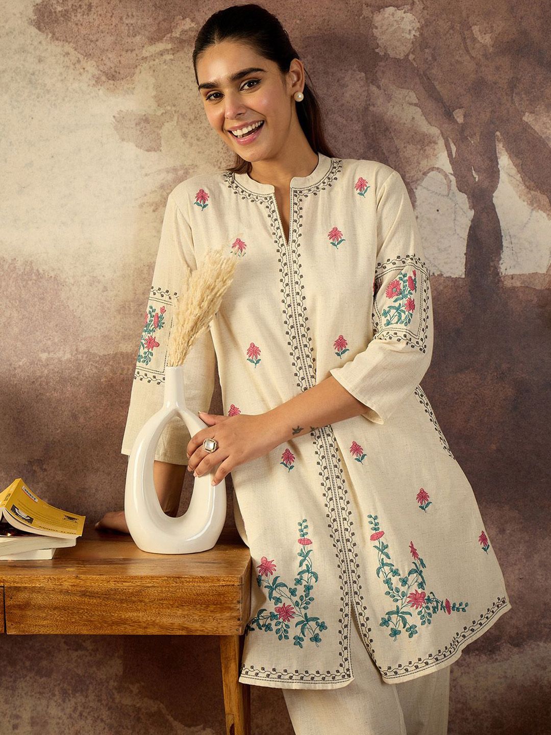 Dhiyona IE Women Ethnic Motifs Embroidered Pure Cotton Regular A-Line Kurta with Trousers