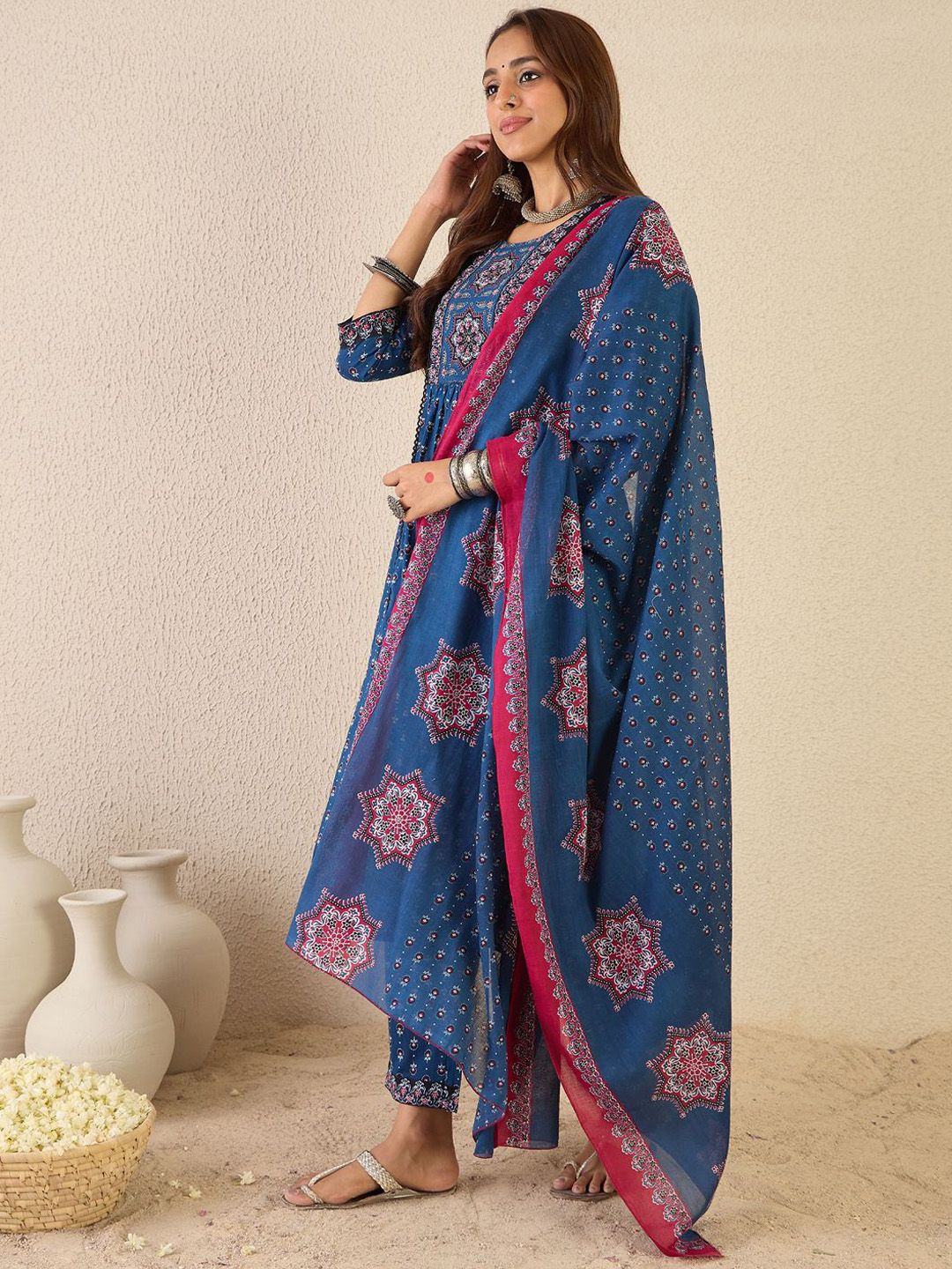 Dhiyona IE Ethnic Motifs Printed Round Neck A line Pure Cotton Kurta with Trousers & Dupatta