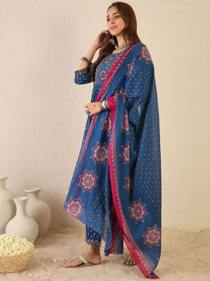 Dhiyona IE Ethnic Motifs Printed Round Neck A line Pure Cotton Kurta with Trousers & Dupatta