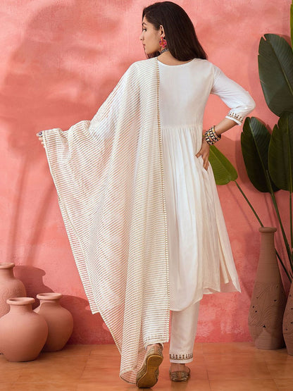 Dhiyona SN Women's White Floral Embroidered Silk Blend A-Line Kurta With Trousers And Dupatta