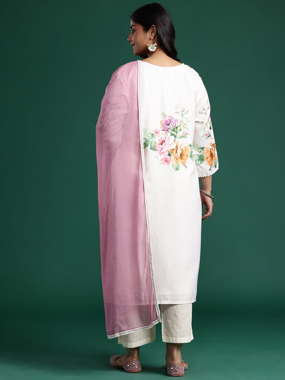 Floral Print Beads & Stones Kurta with Trousers & Dupatta