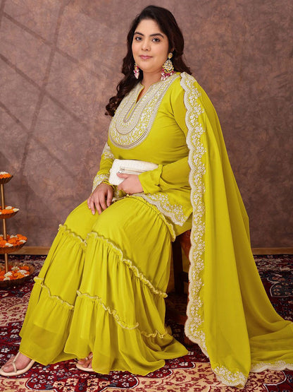 Dhiyona IN Women Floral Yoke Design Regular Thread Work Kurta Set With Dupatta