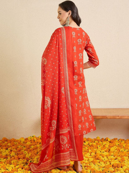 Women Ethnic Motifs Printed Regular Thread Work Pure Cotton Kurta with Trousers & With Dupatta