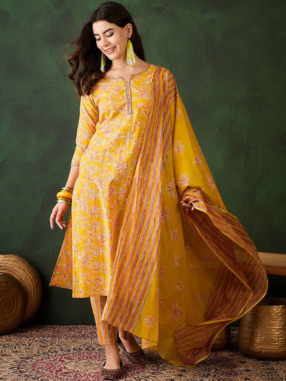Dhiyona SN Women's Floral Printed Sequinned V-Neck Straight Kurta & Trouser With Dupatta