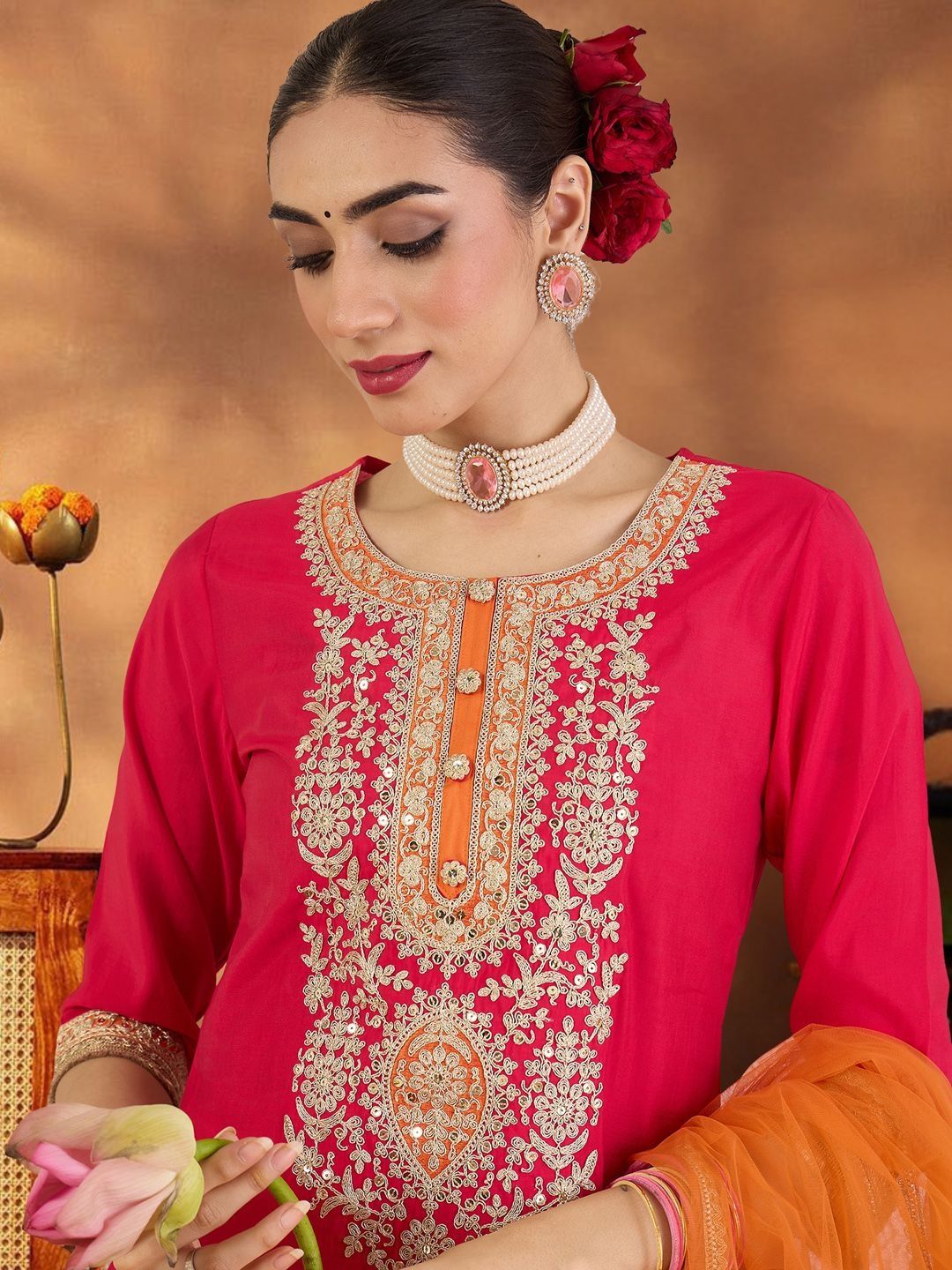 Dhiyona IE Women Ethnic Motifs Embroidered Regular Sequinned Kurta with Trousers & With Dupatta