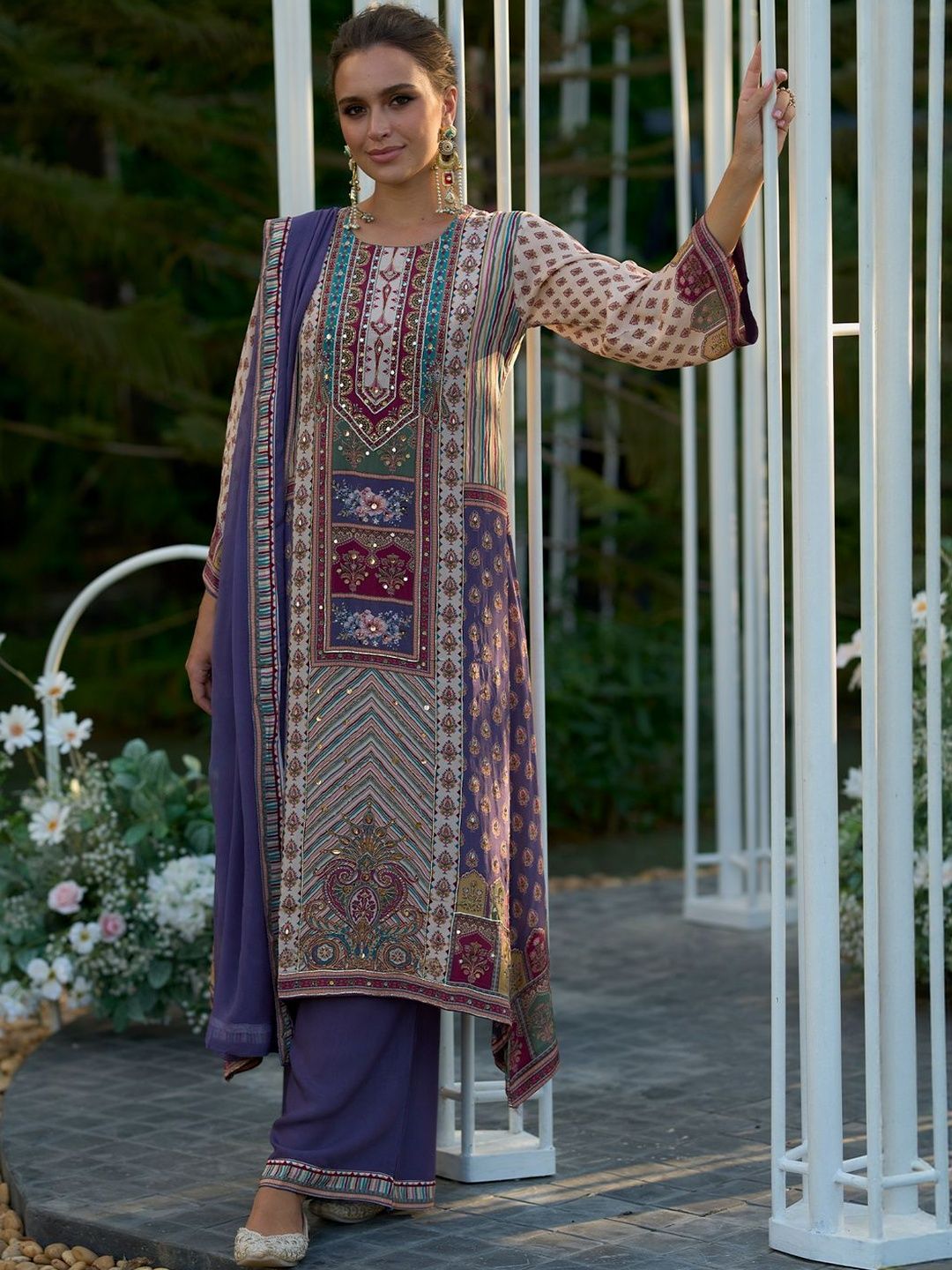 Women Ethnic Motifs Printed Sequinned A-Line Kurta with Palazzos & Dupatta