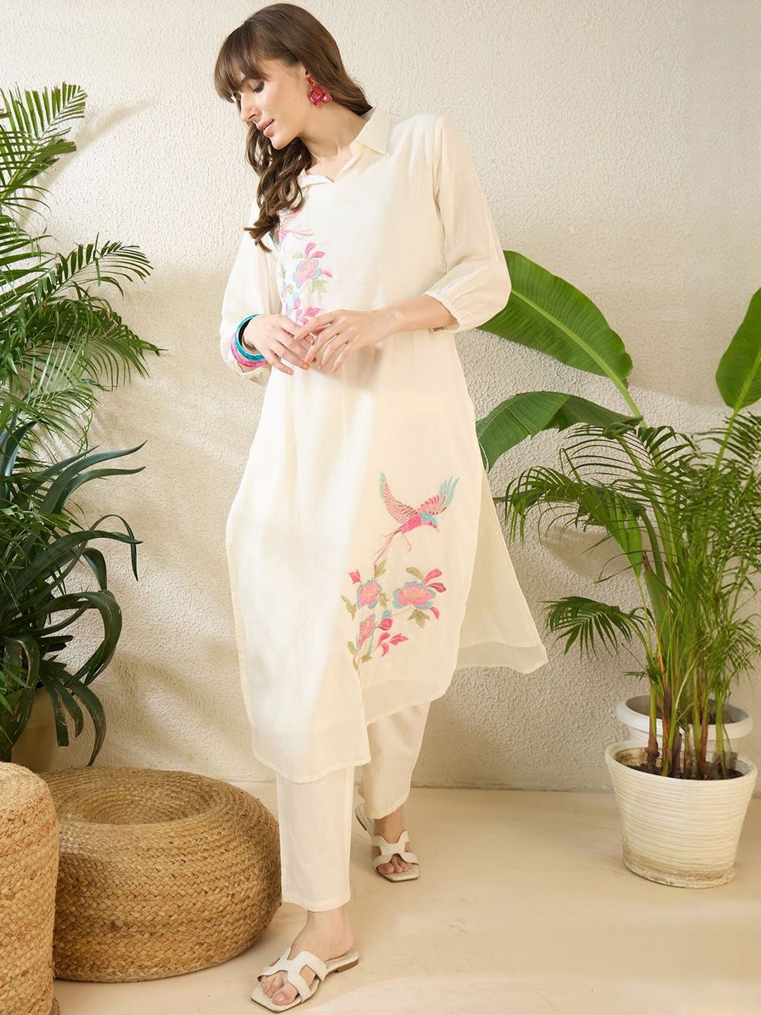 Dhiyona IE Printed Shirt Collar Three-Quarter Sleeves Pure Cotton Top With Trousers