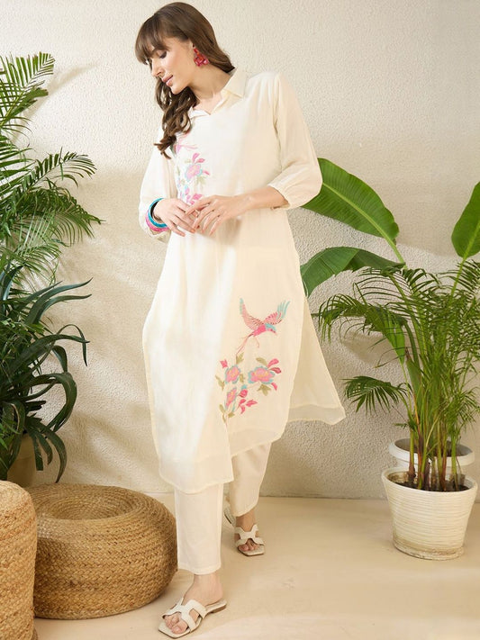 Dhiyona IE Printed Shirt Collar Three-Quarter Sleeves Pure Cotton Top With Trousers