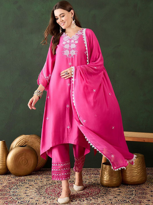 Dhiyona SN Women's Pink Floral Embroidered V-Neck A-Line Kurta & Trousers With Dupatta