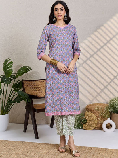 Women Floral Printed V-Neck Pure Cotton Kurta with Trousers & Dupatta