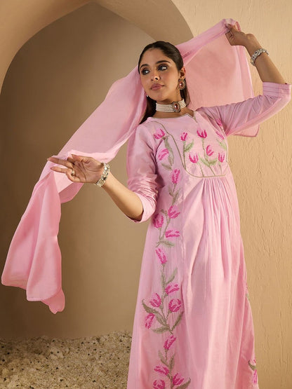 Women Floral Embroidered Panelled Thread Work Pure Cotton Kurta with Trousers & With Dupatta