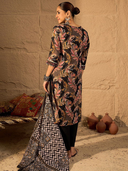 Dhiyona IE Women's Women Floral Embroidered Pure Cotton Kurta with Trouser & Dupatta