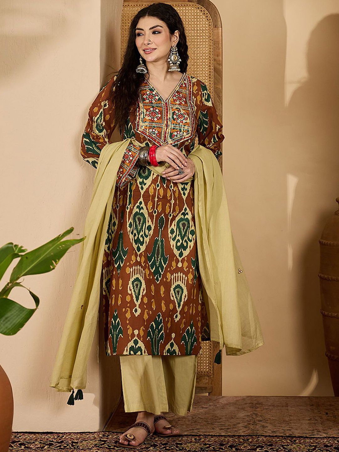 Dhiyona SN Women's Ikat Printed Embroidered Straight Kurta Palazzo & Dupatta Set