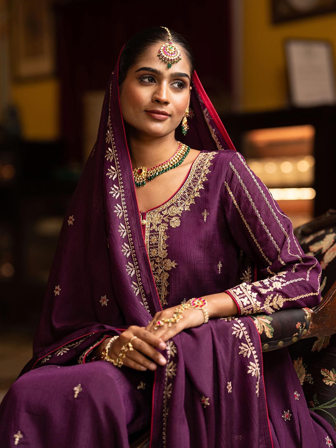 Dhiyona CH Women Ethnic Motifs Embroidered Regular Sequinned Kurta with Trousers & Dupatta