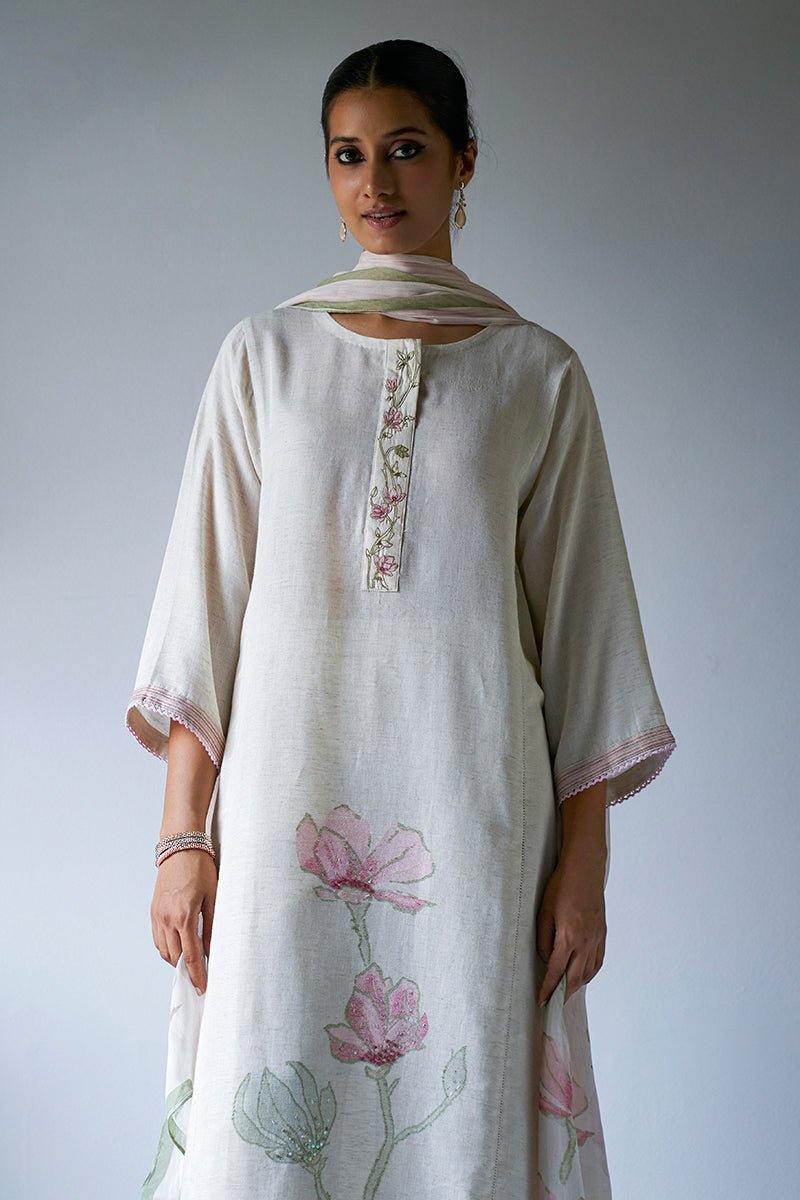 Women's Cream and Beige Woven Kurta Suit Set With Chiffon Printed Dupatta