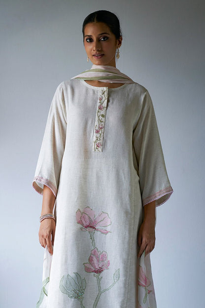Women's Cream and Beige Woven Kurta Suit Set With Chiffon Printed Dupatta