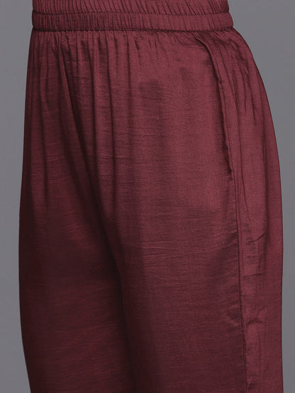 Dhiyona VR Women's Maroon Embroidered Kurta Paired With Tonal Bottom And Dupatta