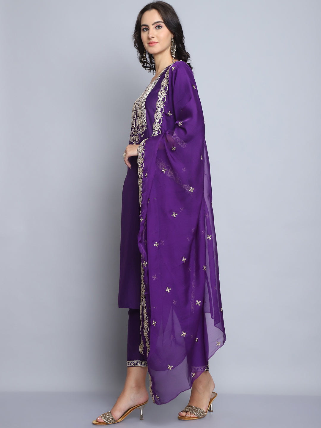 Women Purple Embroidery silk Kurta And Pant Set With Dupatta