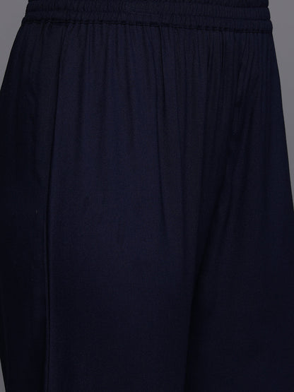 Dhiyona VR Women's Navy Blue Round Neck Thread Embroidered Kurta Paired With Bottom And Dupatta