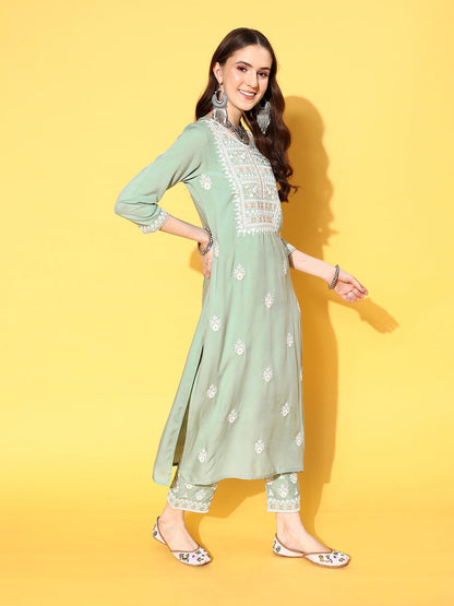 Dhiyona VR Women's Sea Green Embroidered Kurta Paired With Tonal Trouser And Dupatta