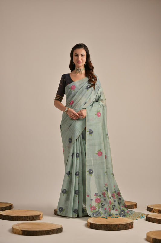 Dhiyona GR Women's Arisaa Firozi Blue Muga Cotton Saree