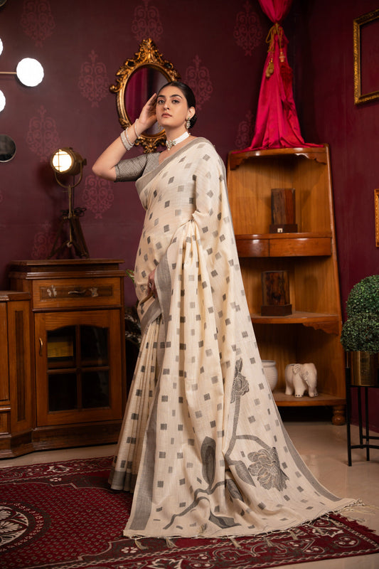 Dhiyona GR Women's Maitri Cream Linen Woven Saree
