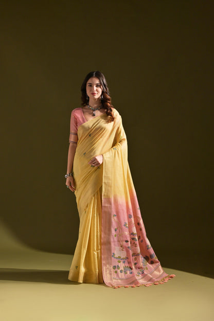 Dhiyona GR Women's Siara Yellow Muga Cotton Saree