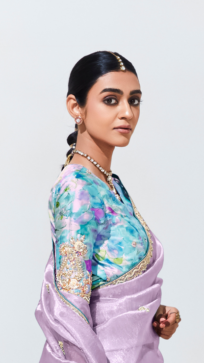 Dhiyona KM Women Royal Purple Silk Saree With Aqua Blue Blouse