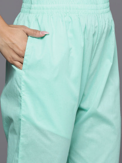 Dhiyona VR Women's Sea Green Thread Embroidered Straight Kurta With Bottom And Dupatta
