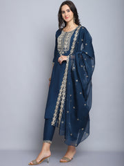 Women Navy Blue Embroidery silk Kurta And Pant Set With Dupatta