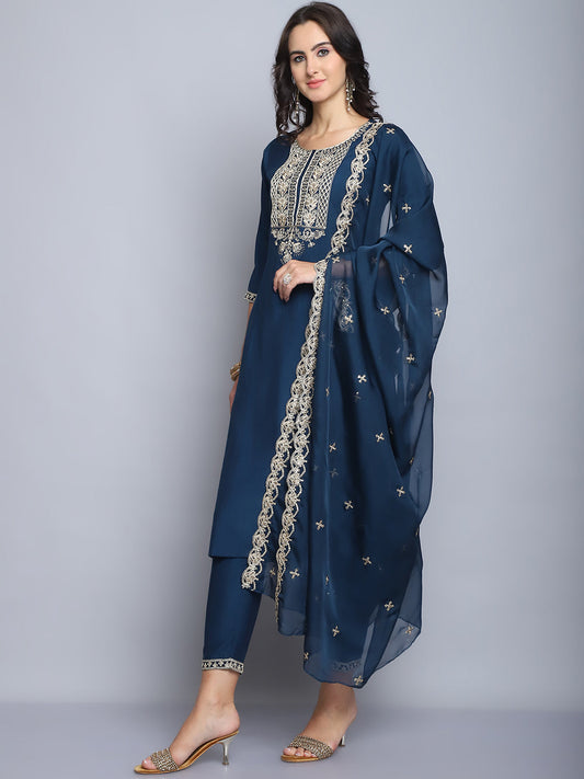 Women Navy Blue Embroidery silk Kurta And Pant Set With Dupatta