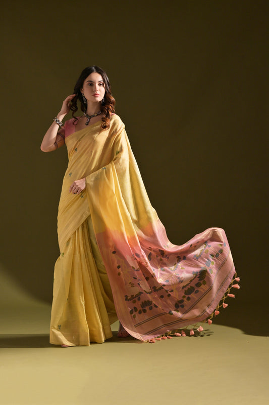Dhiyona GR Women's Siara Yellow Muga Cotton Saree
