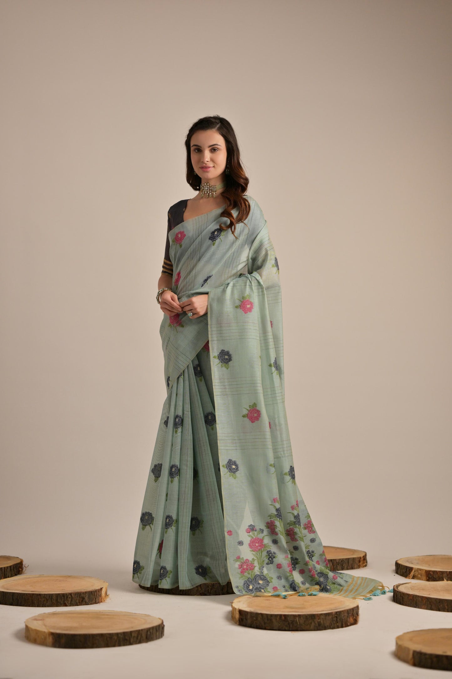 Dhiyona GR Women's Arisaa Firozi Blue Muga Cotton Saree