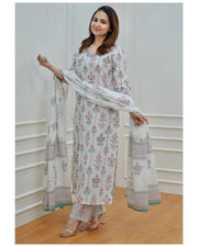 Women Light Green, Purple, White Printed Viscose Rayon Kurta, Pant And Dupatta Set