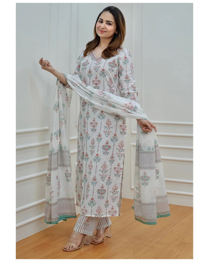 Women Light Green, Purple, White Printed Viscose Rayon Kurta, Pant And Dupatta Set