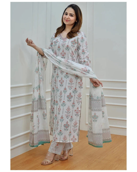 Women Light Green, Purple, White Printed Viscose Rayon Kurta, Pant And Dupatta Set