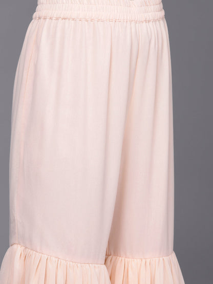 Dhiyona VR Women's Peach Embroidered Straight Kurta Paired With Contrast Bottom And Dupatta With Four Sided Fringes