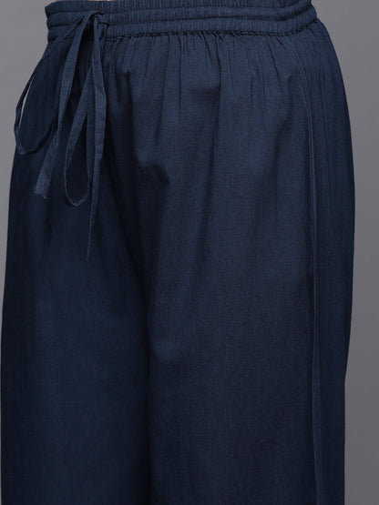 Dhiyona VR Women's Straight Kurta With Round Neck Paired With Blue Solid Palazzo And Blue Solid Dupatta