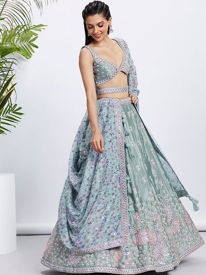 Women Lime green Pure Chiffon Sequins and thread embroidery  Lehenga choli & Dupatta