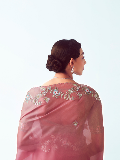 Dhiyona KM Women Dusty Rose Organza Silk Saree