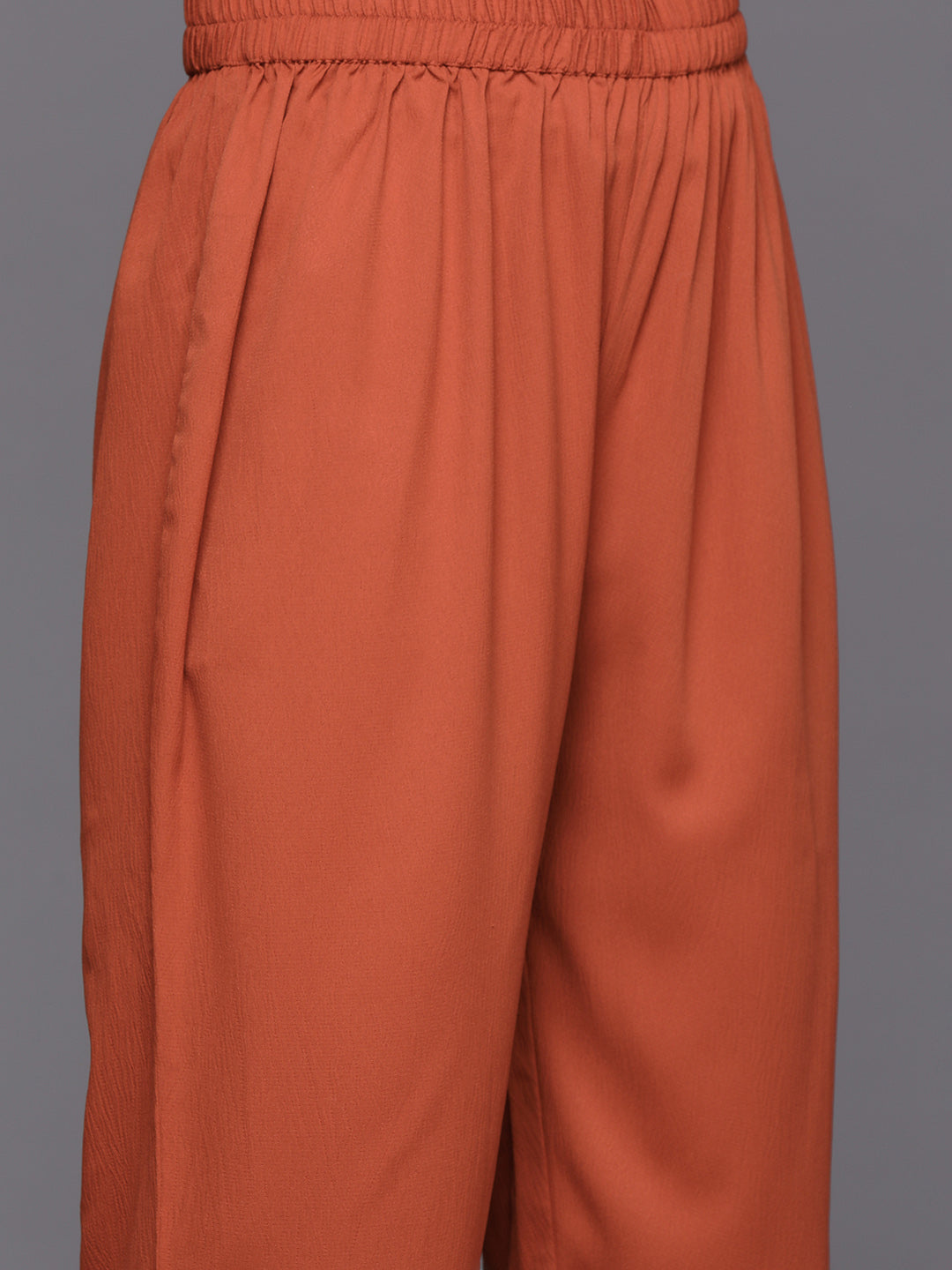 Dhiyona VR Women's Rust Long Sleeves With Smart Cut Cuff, Straight Kurta Paired With Tonal Solid Bottom