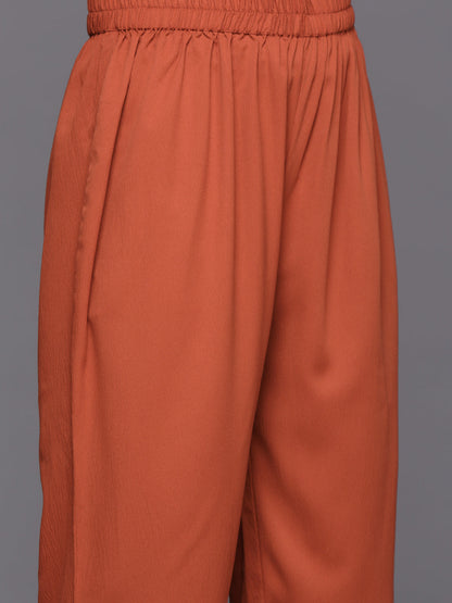Dhiyona VR Women's Rust Long Sleeves With Smart Cut Cuff, Straight Kurta Paired With Tonal Solid Bottom