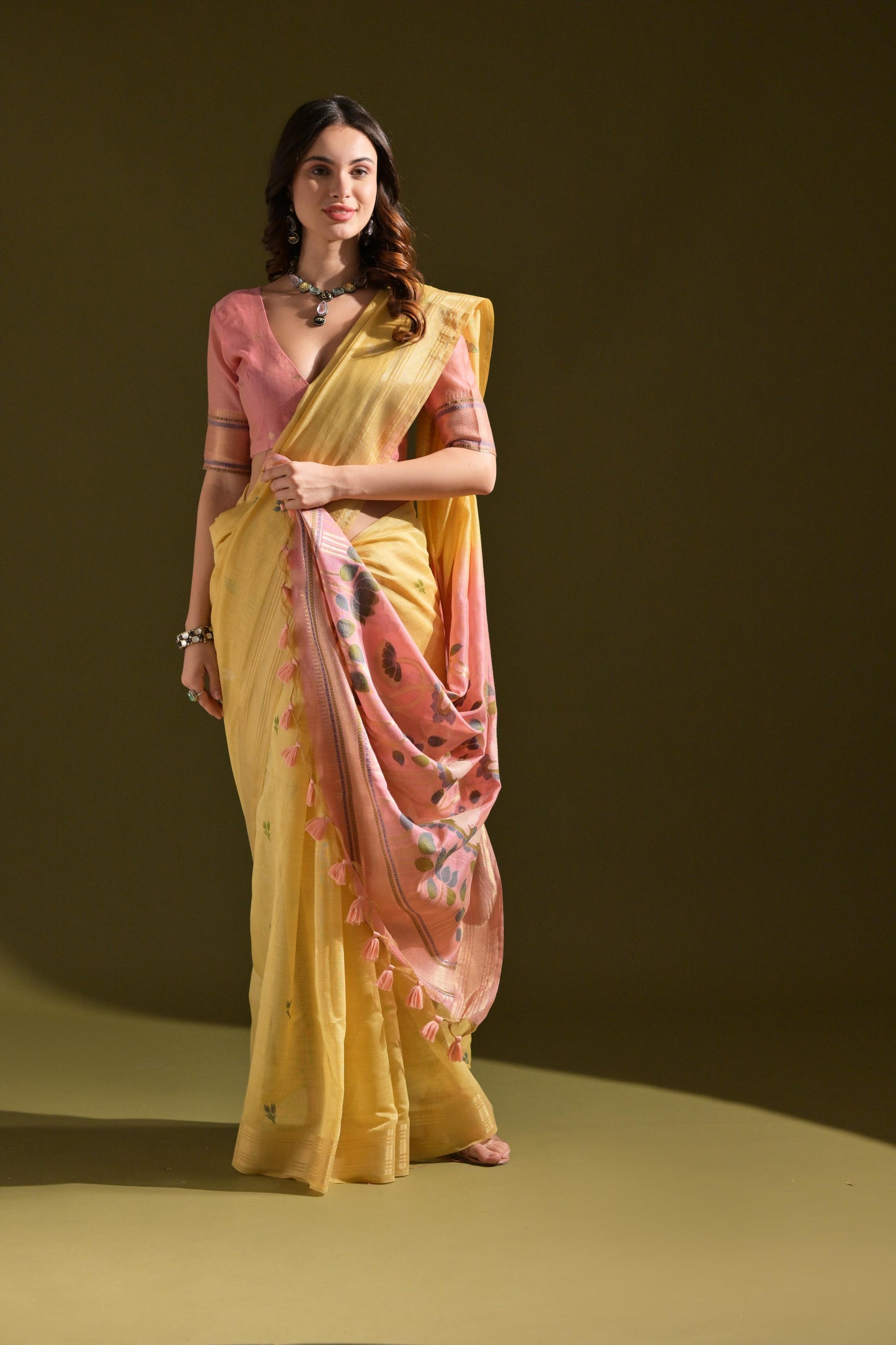 Dhiyona GR Women's Siara Yellow Muga Cotton Saree