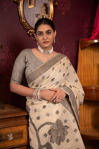 Dhiyona GR Women's Maitri Cream Linen Woven Saree